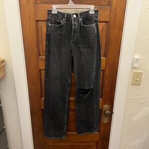Rag & Bone sz 25 Black Logan Mid-Rise Wide Leg Jeans Black Fillmore With Holes